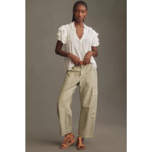 Anthropologie Maeve Short Sleeve Ruffle Yoke Blouse in White - Picture 10 of 11